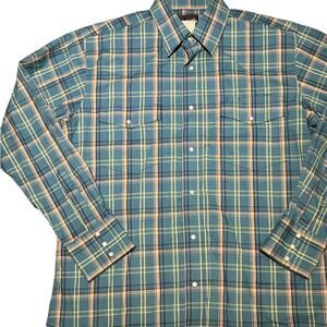 Wrangler Mens Large Long Sleeve Turquoise Plaid Pearl Snap Shirt
